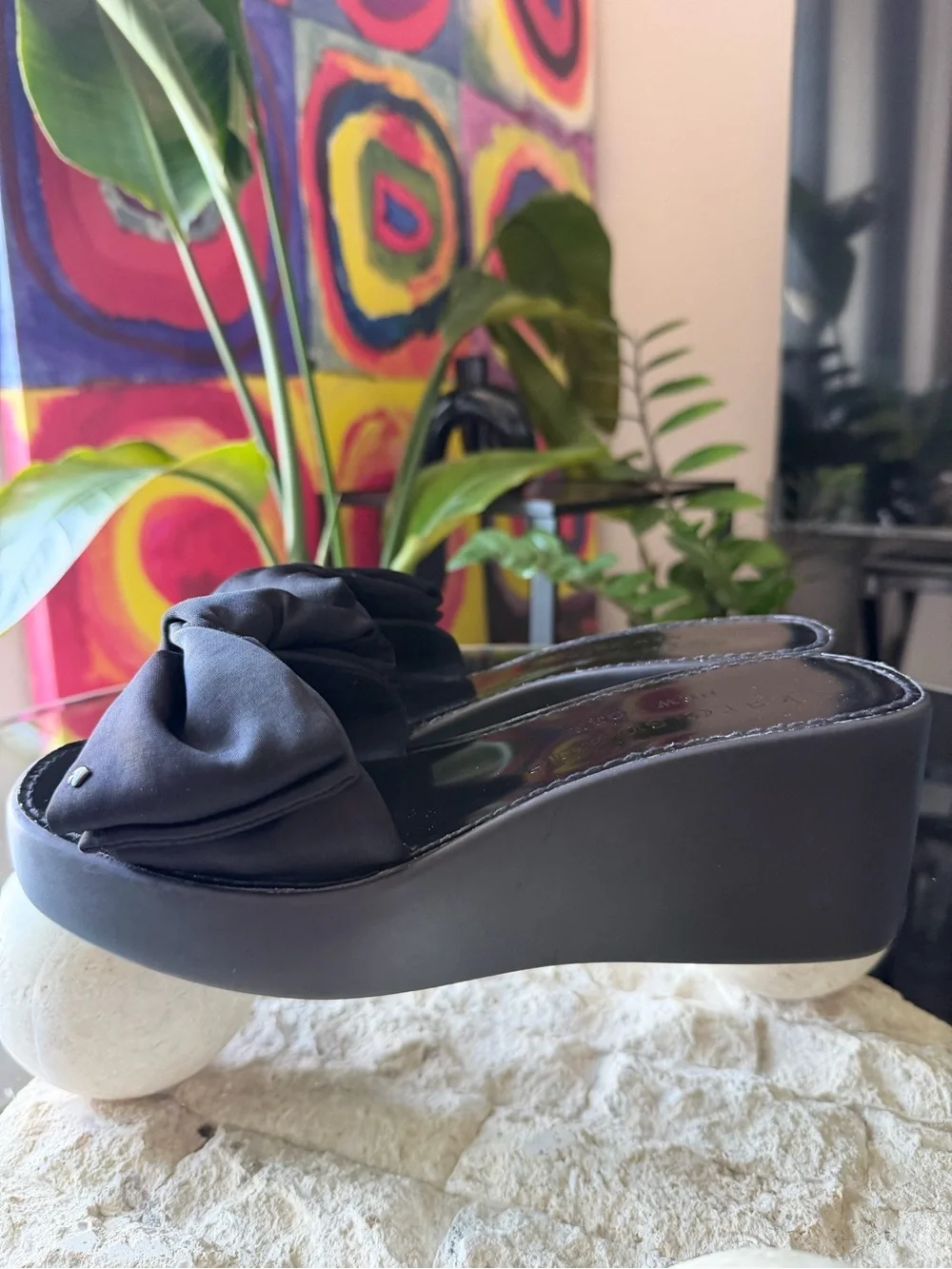 Kate Spade New York Bikini Wedge Platform Slide Sandals Black Bow US 7.5